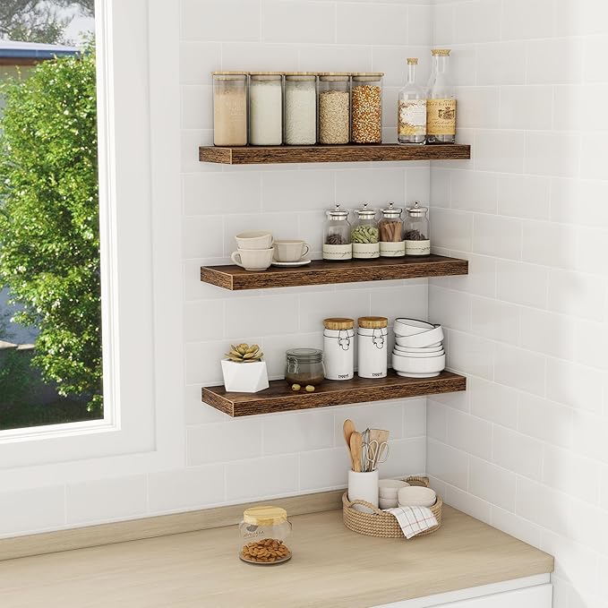 Fun Memories Floating Shelves Wall Shelf 24 inches Long, Farmhouse Bathroom Shelves Bedroom Kitchen Living Room Shelf Wall Mounted, 24 x 6.7 x 1.4 inch Set of 3, Rustic Brown