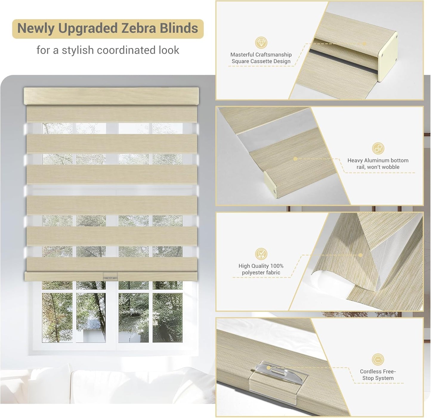 Cordless Zebra Blinds for Windows, Blackout Interior Blinds,Easy to Install,UV Protection,for Offices and Home,Custom Roller Shades, Mousse Beige,18" W x 36" H