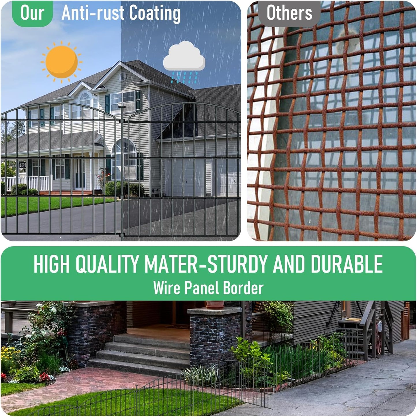 10 Panels Garden Fence Dog Fence Outdoor for Yard, 24in H x 20ft L Rustproof Metal Fencing with Ground Stakes | No Dig Animal Proof Containment for Pets/Rabbits | Durable Patio Security Panels