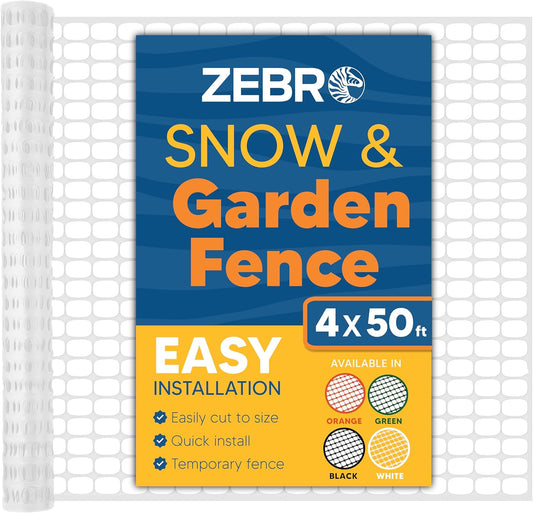 ZEBRO 4' x 50' White Plastic Garden Fence Roll – Standard Duty Safety Netting for Snow, Poultry, Deer, Dogs – Reusable Outdoor Barrier for Yard, Landscaping, Animal Protection