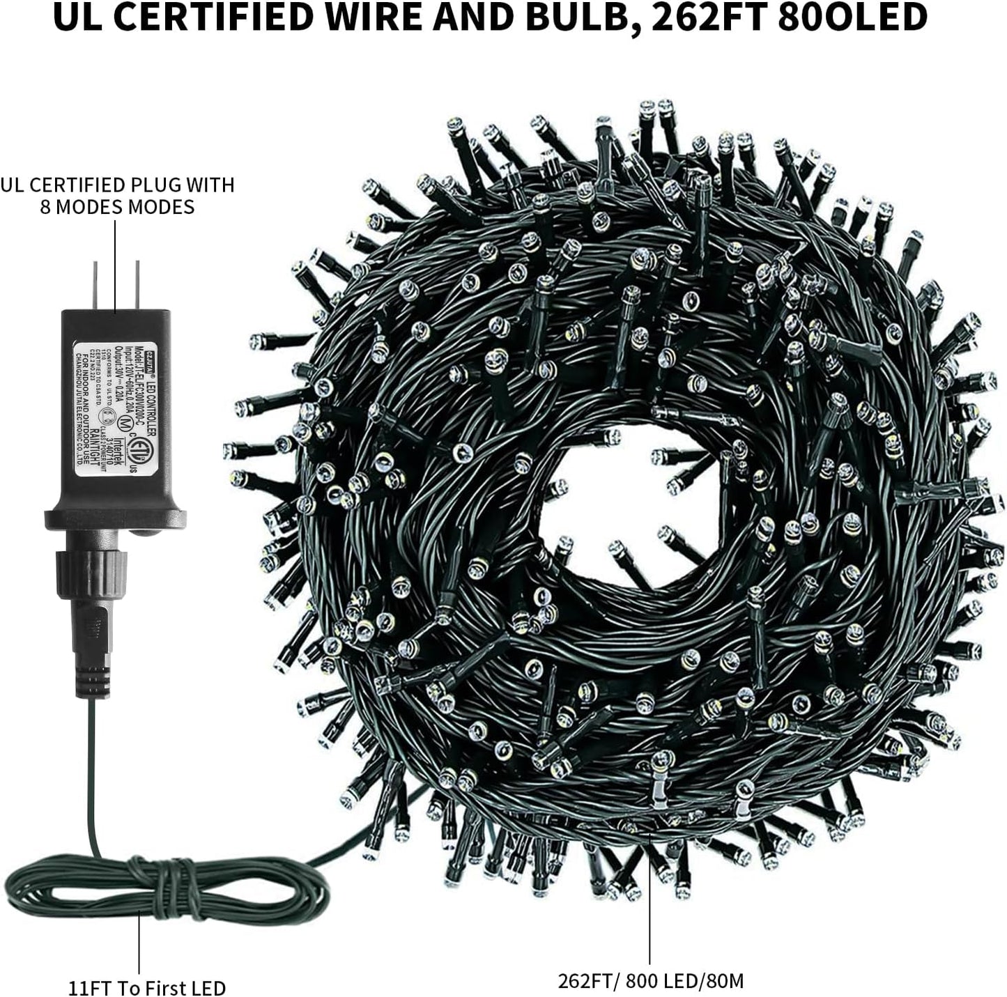 XTF2015 262FT 800 LED Christmas String Lights, Christmas Lights End to End Plug 8 Modes Memory Function with Timer, UL Certified Outdoor Indoor Fairy Light Christma s Tree, Patio, Party (Warm White)