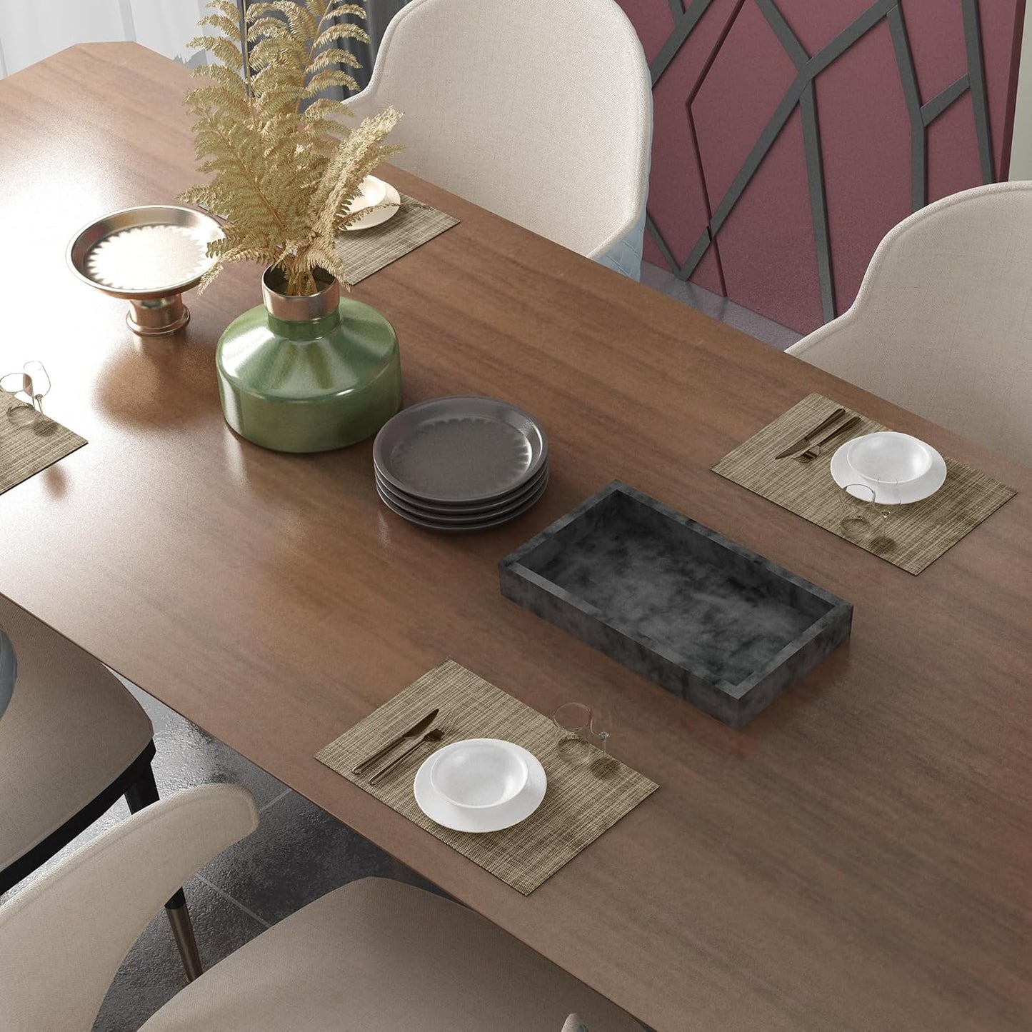 CADONO Placemats Set of 4 Washable Indoor/Outdoor Vinyl Place Mats for Dining Table Durable Non-Slip Heat Resistant PVC Weave Table Mats（Khaki）