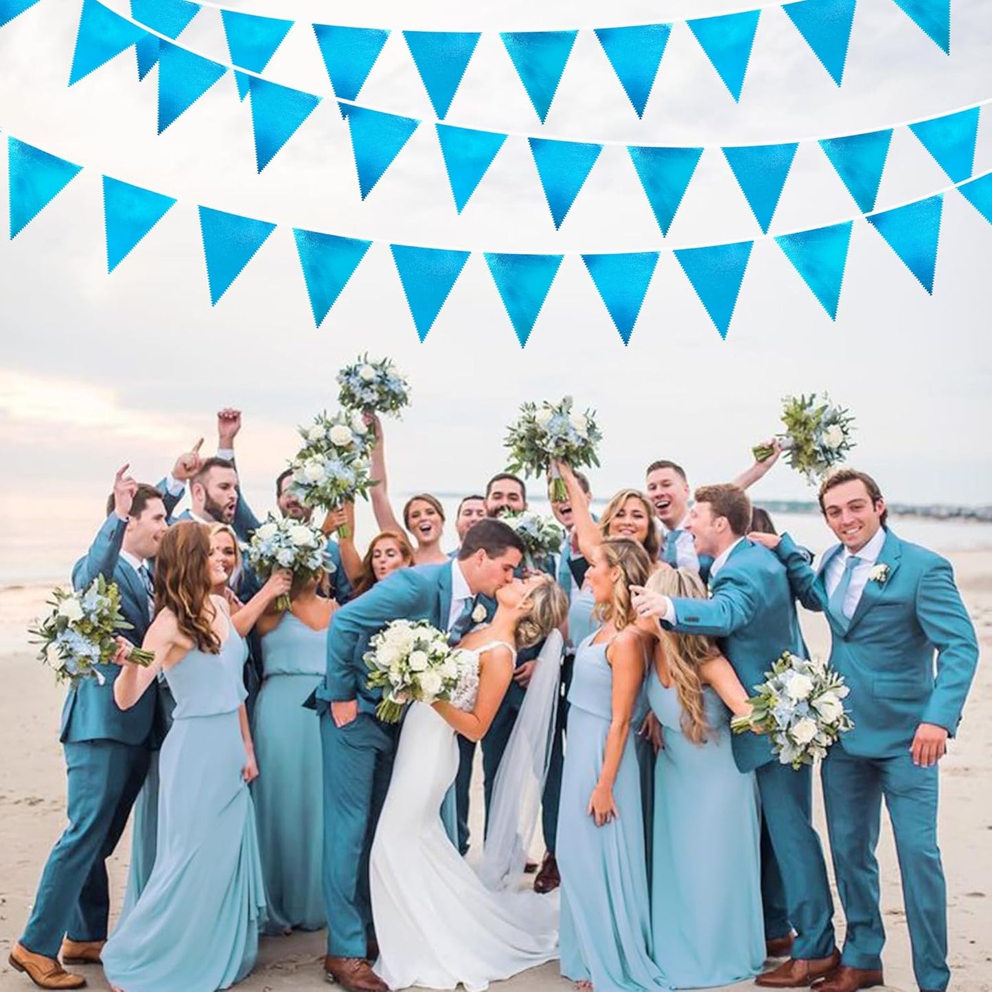 Sky Blue Party Decorations - Light Blue Triangle Pennant Banner Flag - Metallic Fabric Bunting for Graduation, Wedding, Retirement, Birthday, Under The Sea, Nautical, Ahoy, Party Decor Supplies