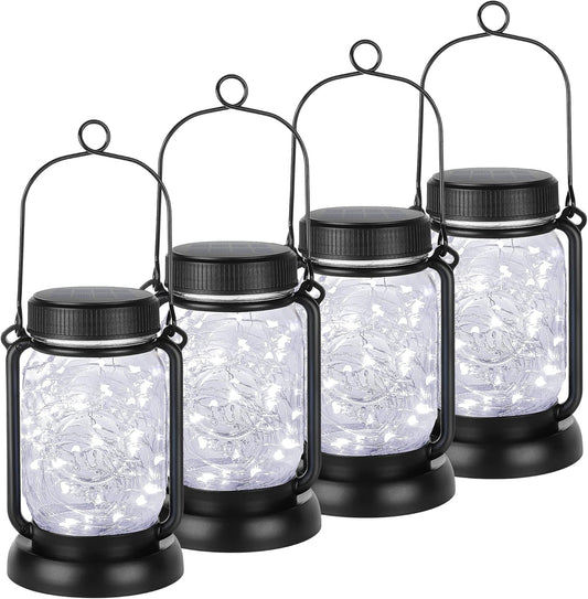 Mlambert Cool White 4 Pack Solar Hanging Mason Jar Lights with Stakes, Waterproof Decorative 30 LEDs Outdoor Solar Lantern Lamp Patio Garden Tree Yard