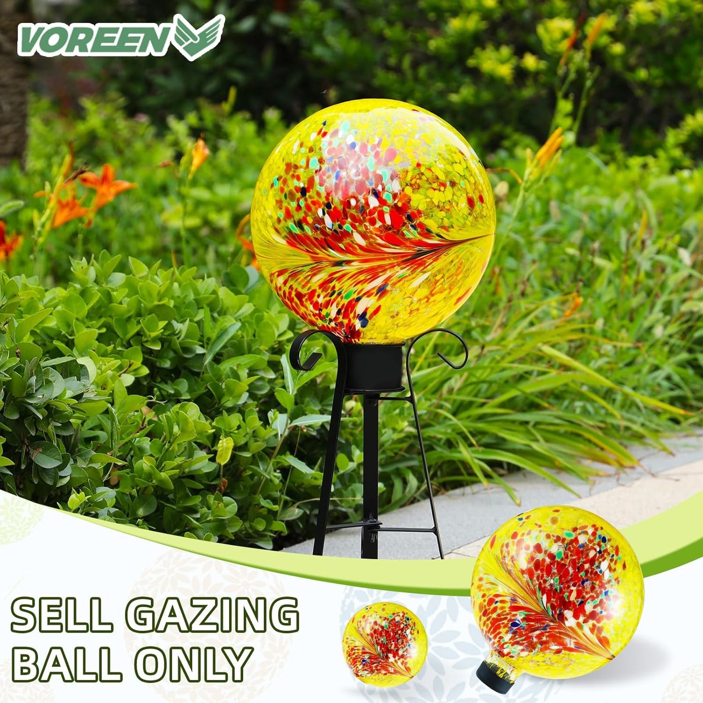 VOREEN 10-Inch Glass Gazing Ball, Outdoor Gazing Globe, Reflective Ball Yard Decoration for Homes, Patio, Lawn and Gardens, Gift for Mom Wife Friend, Phoenix Tail Design, Yellow