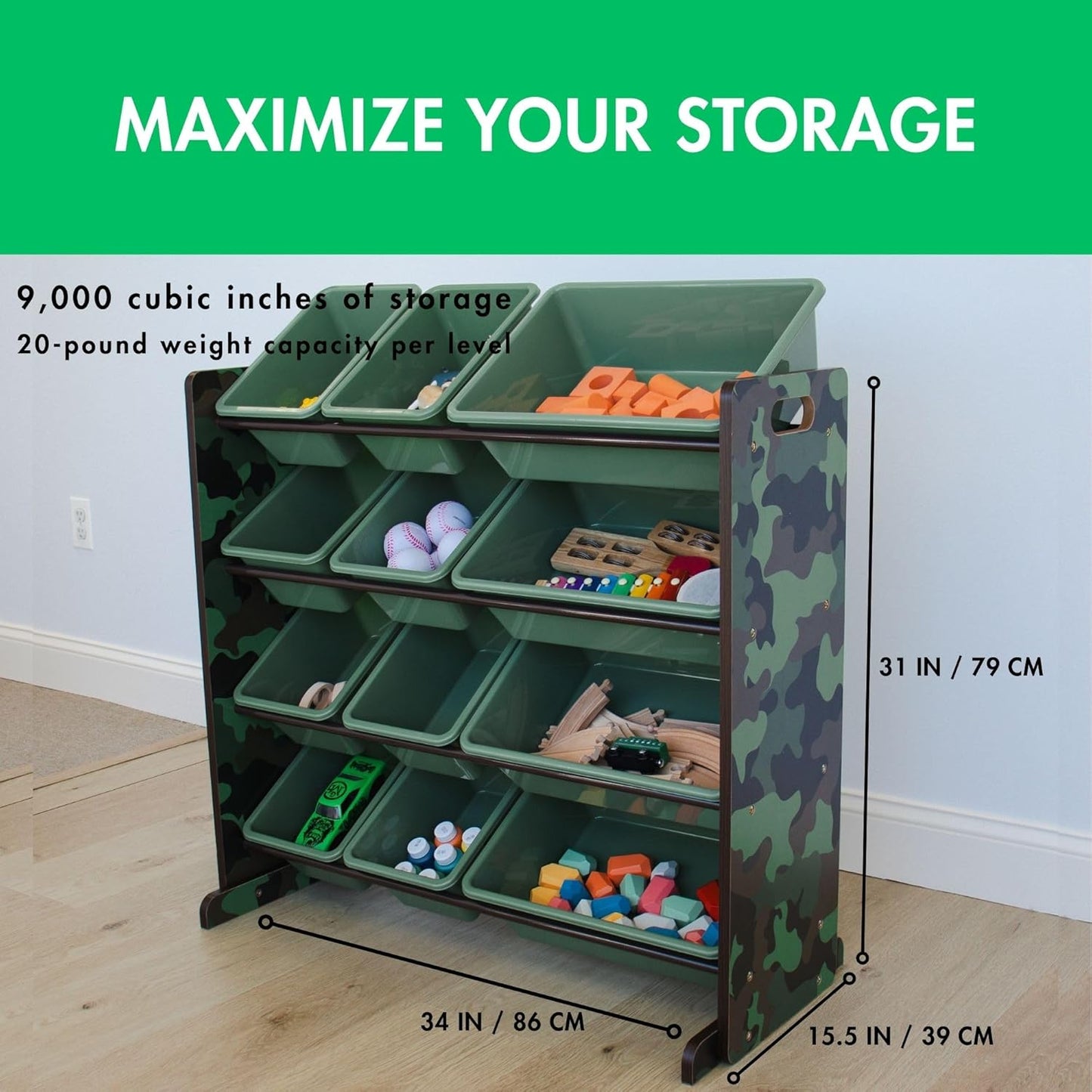 Humble Crew Kids Toy Storage Organizer with 12 Plastic Bins, Camo – Removable Bins for Playroom, Bedroom, Toddler Furniture for Boys and Girls Ages