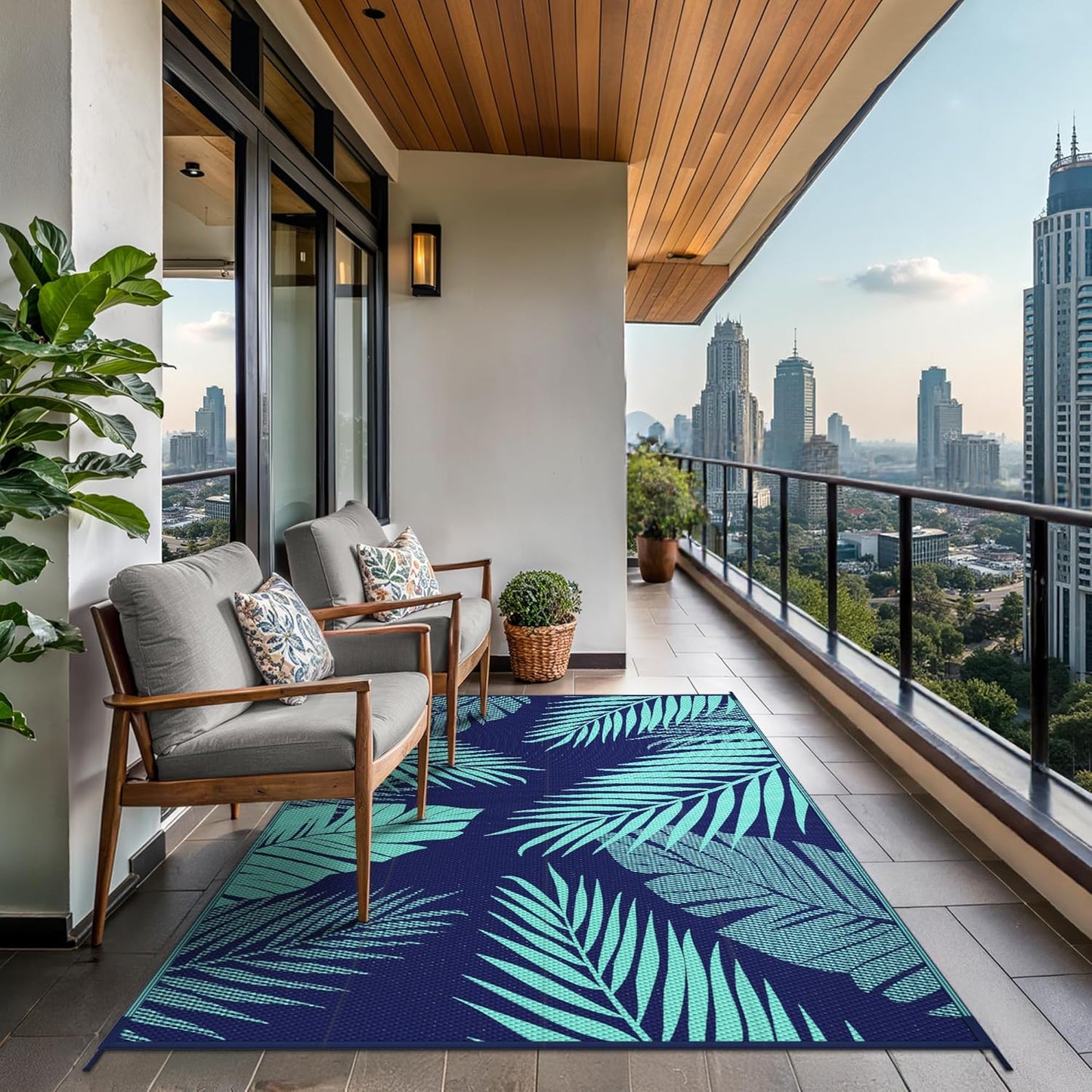 GENIMO Outdoor Rug 6' x 9' Waterproof for Patios Clearance, Reversible Outdoor Plastic Straw Camping Rug Carpet, Large Area Rugs Mats for RV, Camper, Deck, Balcony, Porch, Beach, Navy Blue&Jade Green