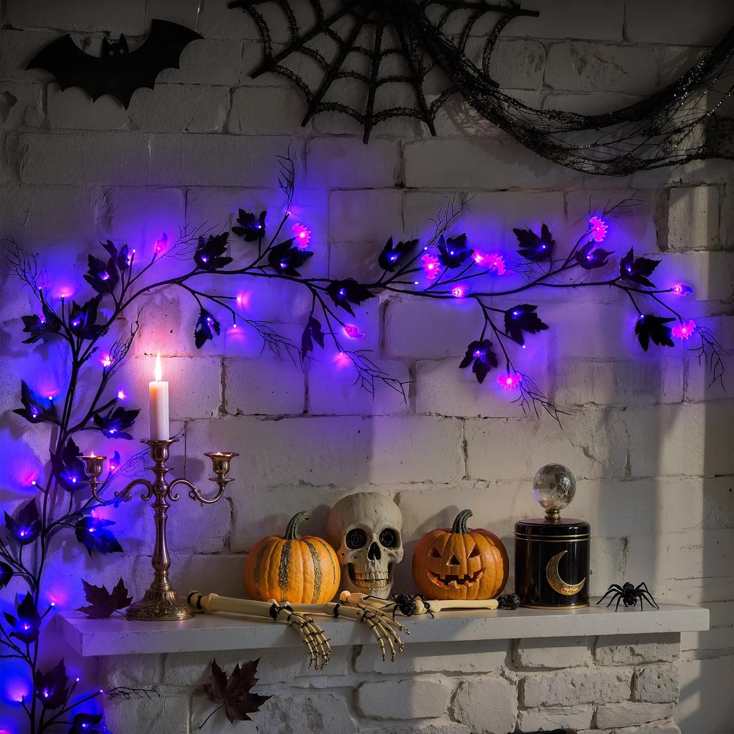 Halloween Lighted Willow Vine Twig Decoration, 6.56 FT Light up Garland Battery Operated with Purple LED Lights, 8 Modes and Timer, 12 Bat and Ghost Ornaments, 4 Adhesive Hooks