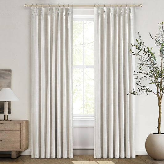 Unique 78 Inch Pinch Pleated Curtains Blackout for Bedroom 2 Panel Set, Neutral Cream Linen Blend Pleat Memory Trained Drapes Room Darkening Insulated Nursery Curtain Back Tab 40x78 Inches Window Burg