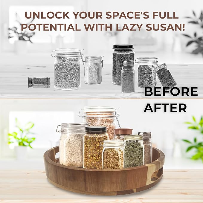 Lazy Susan for Table top 12 inch Wooden Large Lazy Susan Turntable Tray Organizer for Cabinet, Dining Table Centerpiece, Pantry, Kitchen Spice Cabinet Countertop Organizer, 100% Acacia Wood