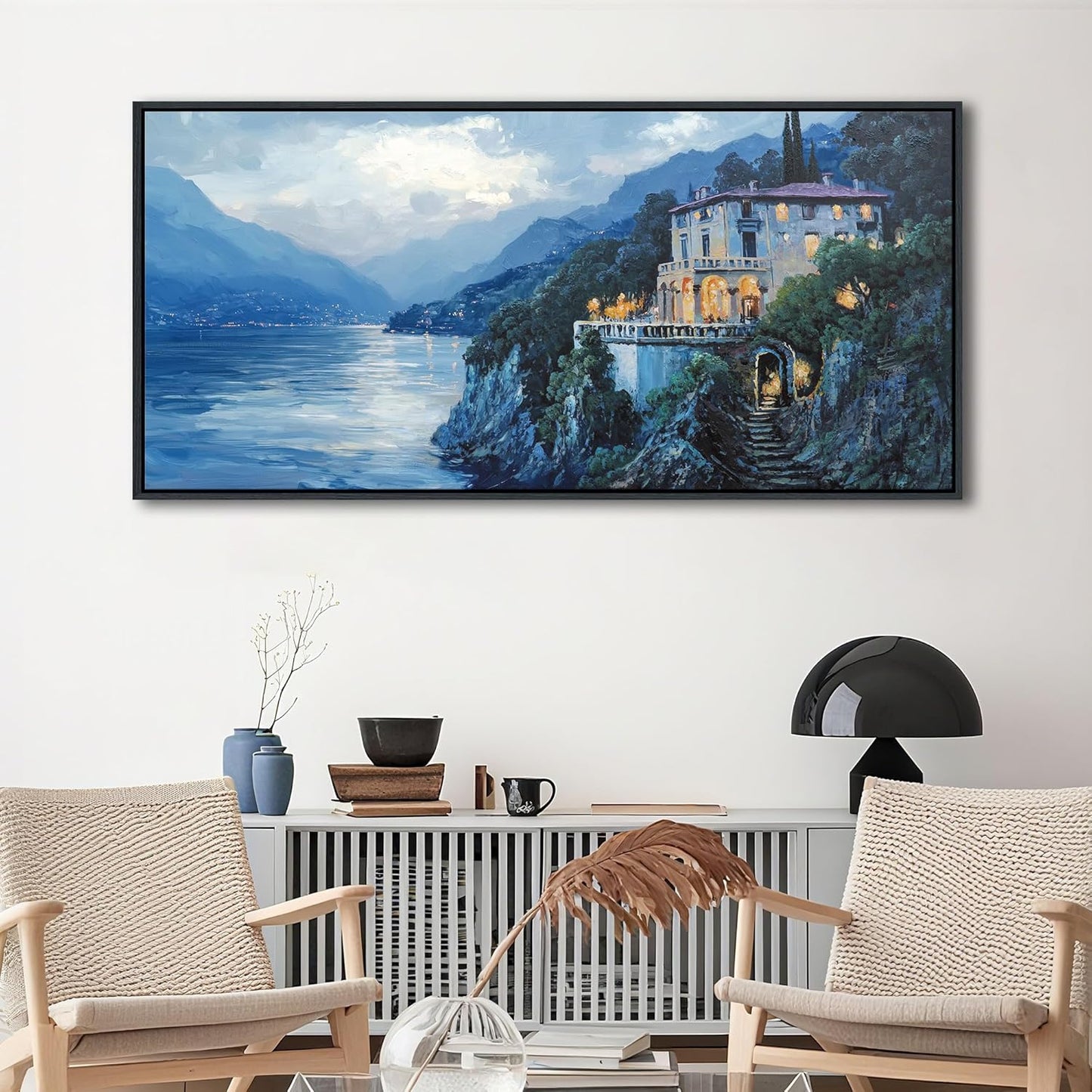 QZQCBLC Large Canvas Wall Art, Blue Mountains Lake Houses Green Trees Landscape Framed Oil Paintings Artwork for Living room Bedroom Home Kitchen Office Wall Pictures Decor 24x48 IN