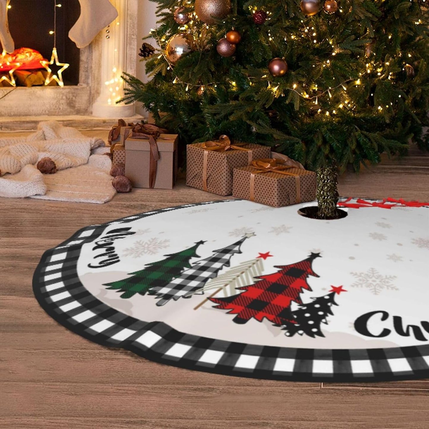 Christmas Tree Skirt 48 Inch Buffalo Plaid Xmas Tree Skirts Rustic Vintage Farmhouse Black and White Christmas Decoration Ornaments for Merry Christmas Holiday Party Indoor Outdoor