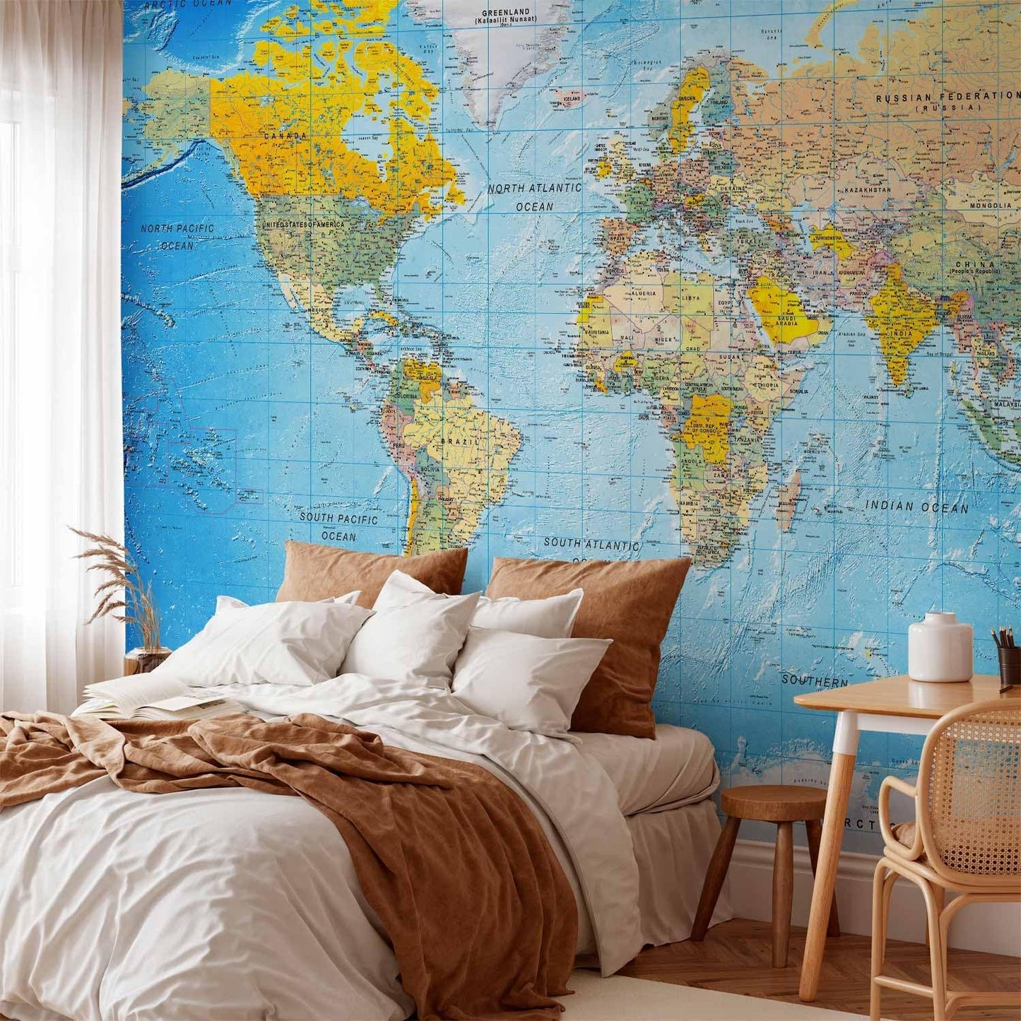 artgeist Premium Wall Mural World Map 177x124 in - XXL Non-Woven Wallpaper Fleece Wall Decor Photo Print Picture Image Design Home Map of The World k-A-0109-a-a