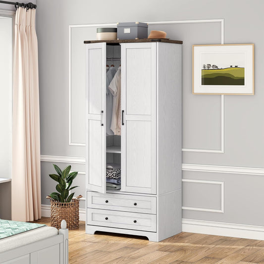 Brafab Armoire Wardrobe Closet with 2 Modern Doors, 71" Tall Freestanding Closet Wardrobe Cabinet with Drawers and Hanging Rail, Light Wooden Storage Cabinet with Shelve for Bedroom (White, 2 Doors)