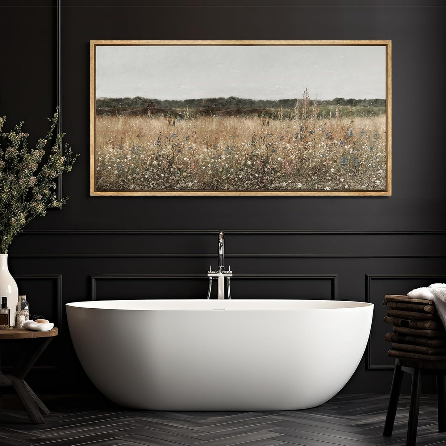 MUDECOR Extra Large Framed Canvas Print Wall Art Misty Morning Meadow with Wildflowers Antique Retro Fine Art Illustrations Decorative Colorful for Bedroom - 60"x30"