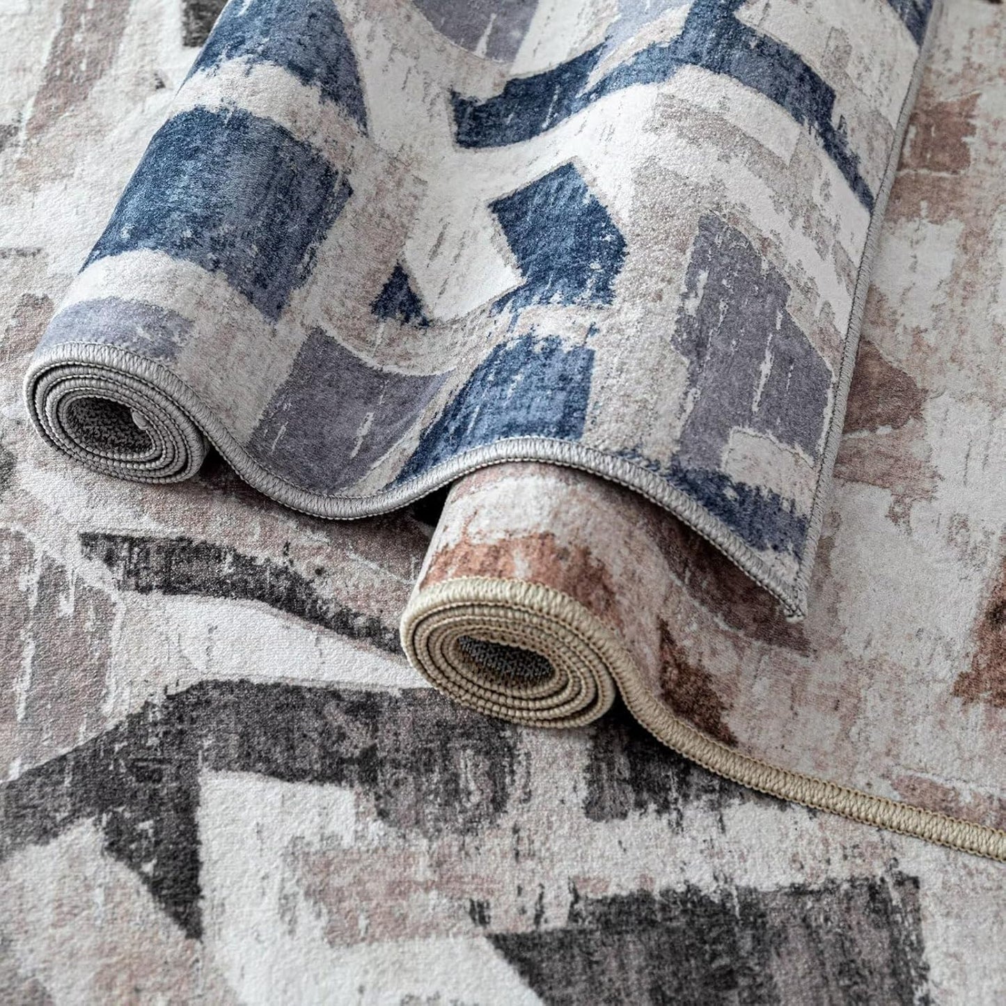 Modern Abstract 6X9 Area Rug for Living Room Bedroom Washable, with Non-Slip Rubber Backing Print Faux Wool Thin, Grey Throw Large Carpet for Kids Playroom Dining Room Pet & Child Friendly