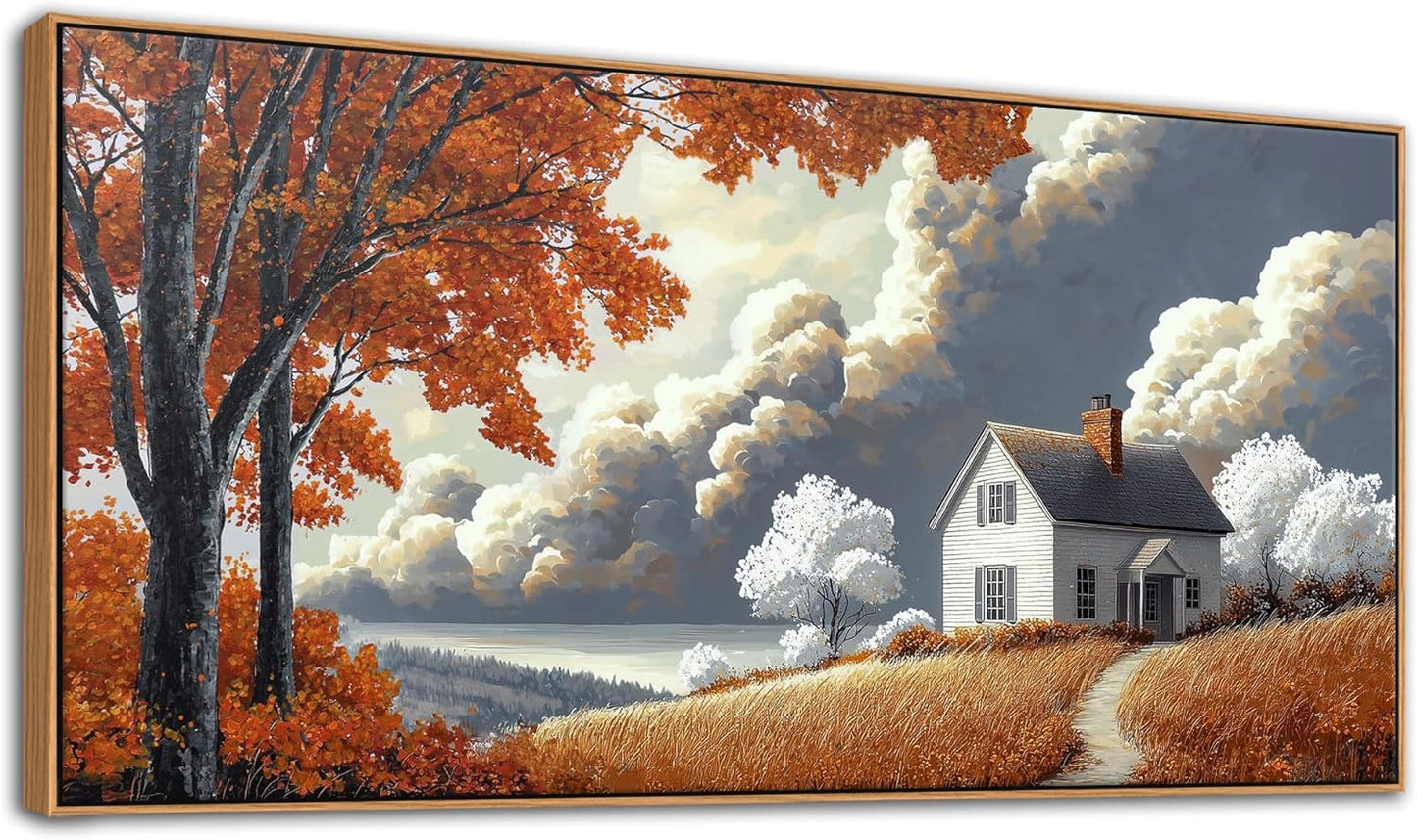 QZQCBLC Large Canvas Wall Art, White Clouds Orange Trees Gallery Pictures Farmhouse Cottage Painting Framed Artwork for Living room Bedroom kitchen Home Office Wall Decor 29x58 IN