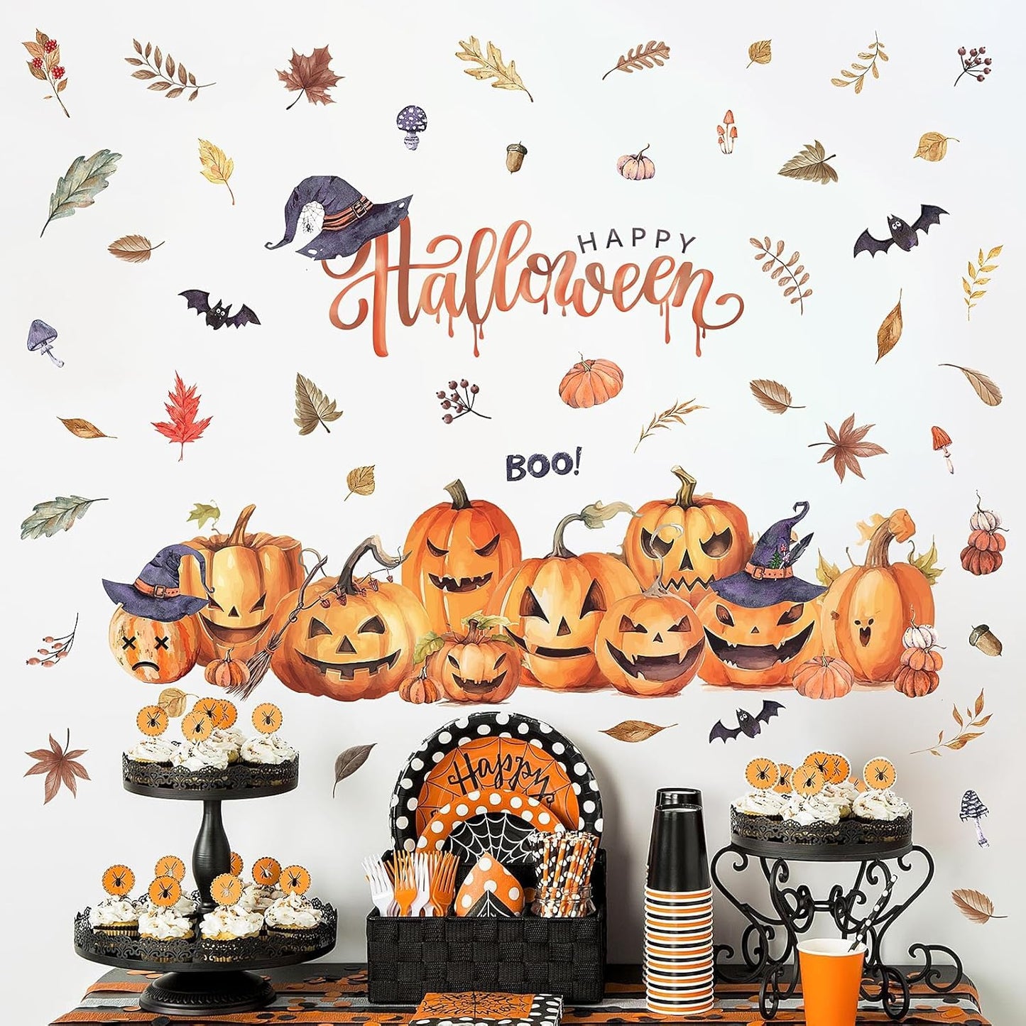 clothmile 38.18 x 36.15 Inch Halloween Wall Decals Halloween Pumpkins Bat Leaves Wall Stickers Removable Halloween Peel and Stick Sticker for Halloween Party Supplies Home Window Decor