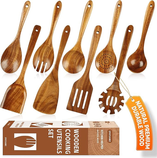 SPATUAMZ Wooden Kitchen Utensils Set, Smooth Finished Wooden Spoons for Cooking, Natural Teak Cooking Utensils Set of 9 for Nonstick Pans and Cookware