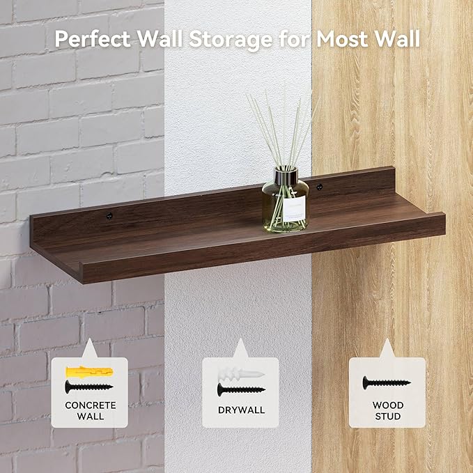 RICHER HOUSE 5 Set Floating Shelves for Wall Decor, Wall Mounted Book Shelf, Nursery Shelves Picture Ledge Shelf with Lip for Wall Storage, Bedroom, Living Room, Bathroom - Walnut