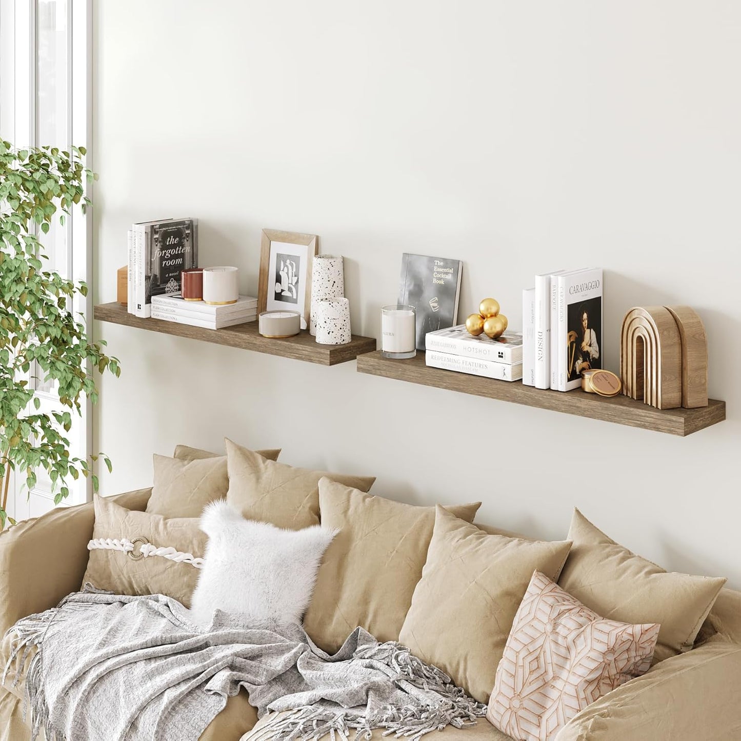 BAMEOS Floating Shelves,Wall Mounted Wooden Shelves with Invisible Brackets Set of 2, Hanging Wall Shelves Decoration for Bedroom, Bathroom, Living Room and Kitchen