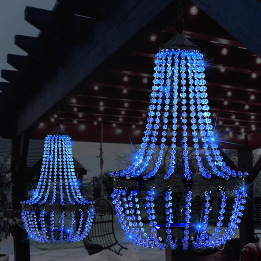 Hanging Solar Chandelier Outdoor, 30 Blue Lights Acrylic Clear Beaded Chandelier with S Hooks Modern Lantern for Garden Yard Patio Gazebo Decorations, 28”H