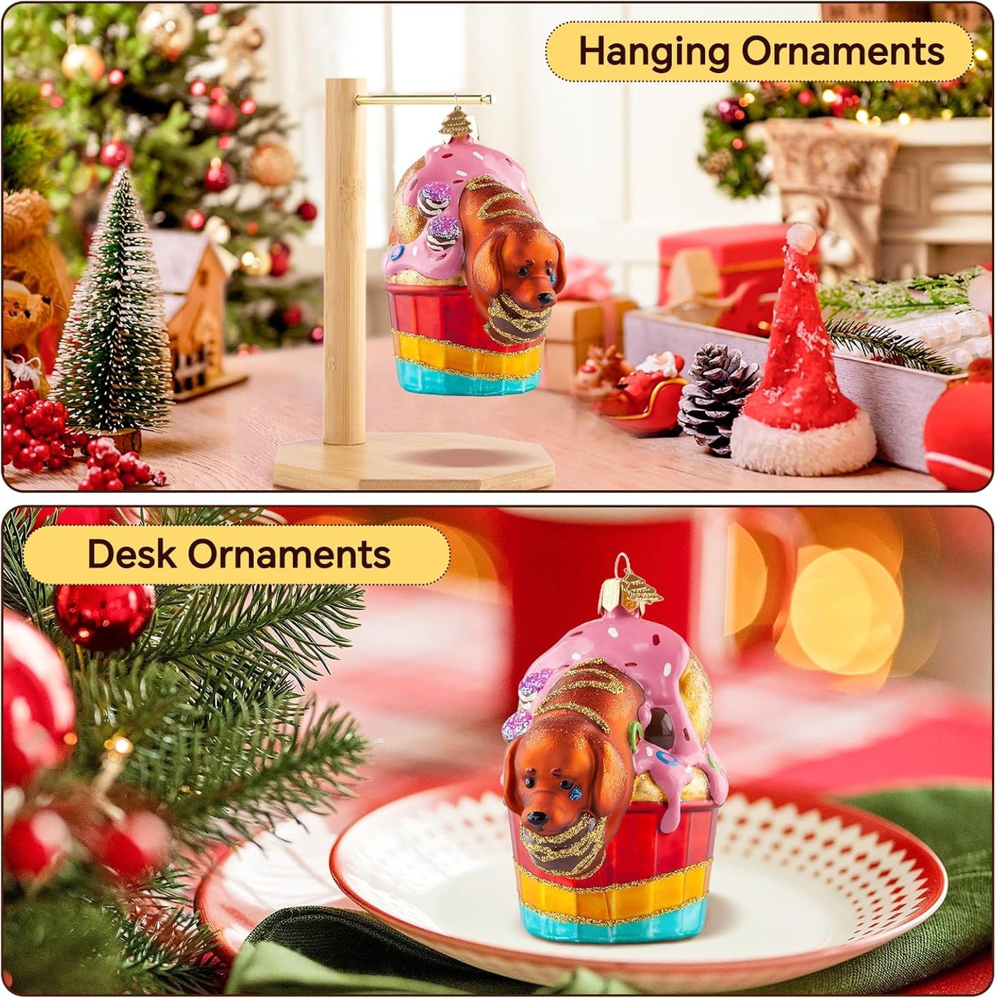 Dog Christmas Tree Ornaments,Hand-Blown Glass Ornaments,Cupcake Collection Figurine Hanging Ornaments,Dachshund Dog Christmas Ornament for Animal Lovers Party Holiday Home Decorations Gifts