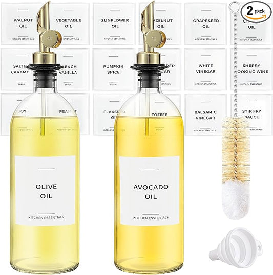 Olive Oil Dispenser Bottle - Includes 55 Kitchen Essential Labels - Cooking Oil Bottles for Kitchen, Coffee Syrup Dispenser - Pourer Spout with 16.9 fl oz Glass Container Cruet - 2pcs, Gold
