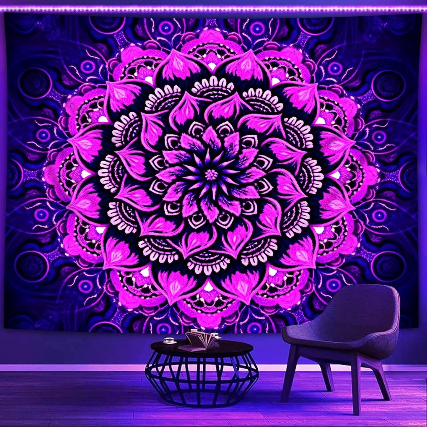 Psyhilar Blacklight Mandala Tapestry Wall Hanging, Psychedelic Flower Black Light Posters for Adults and Teens, UV Reactive Aesthetic Bohemian Art for Bedroom (40 x 30 Inches)