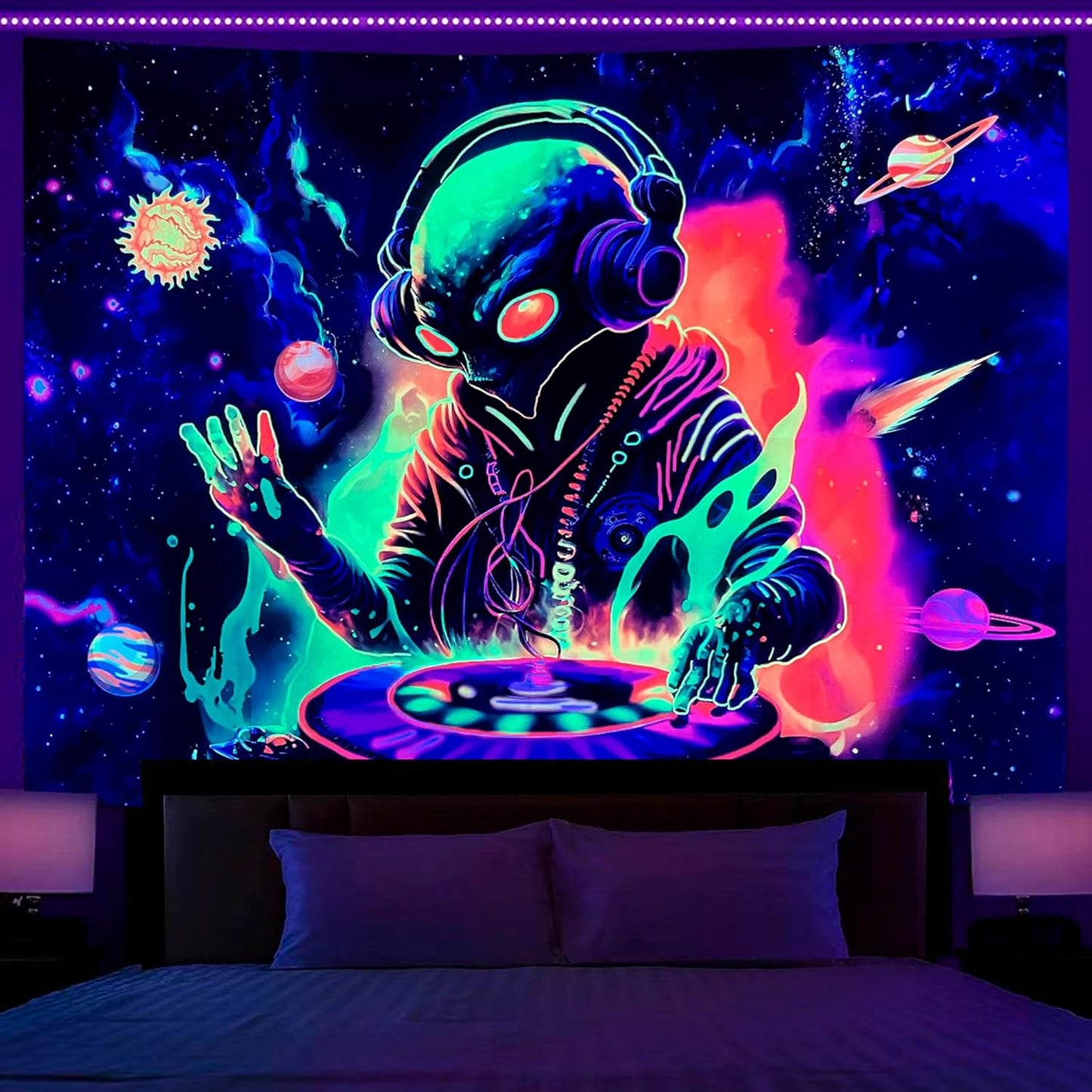 OSVINO Blacklight Alien Tapestry 59"x51" UV Reactive Alien DJing Wall Hanging Art Bedroom Decor Moon and Sun Planets Posters Wall Hanging Hippie Decor