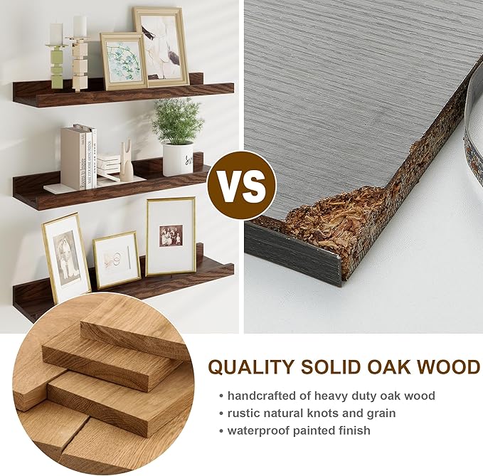 Floating Picture Ledge Shelves 55 Inch Solid Oak Wood Set of 2, Rustic Wall Storage Shelves with Lip, Kids Bookshelf, Photo & Picture Ledge Shelves for Bedroom, Living Room, Kitchen