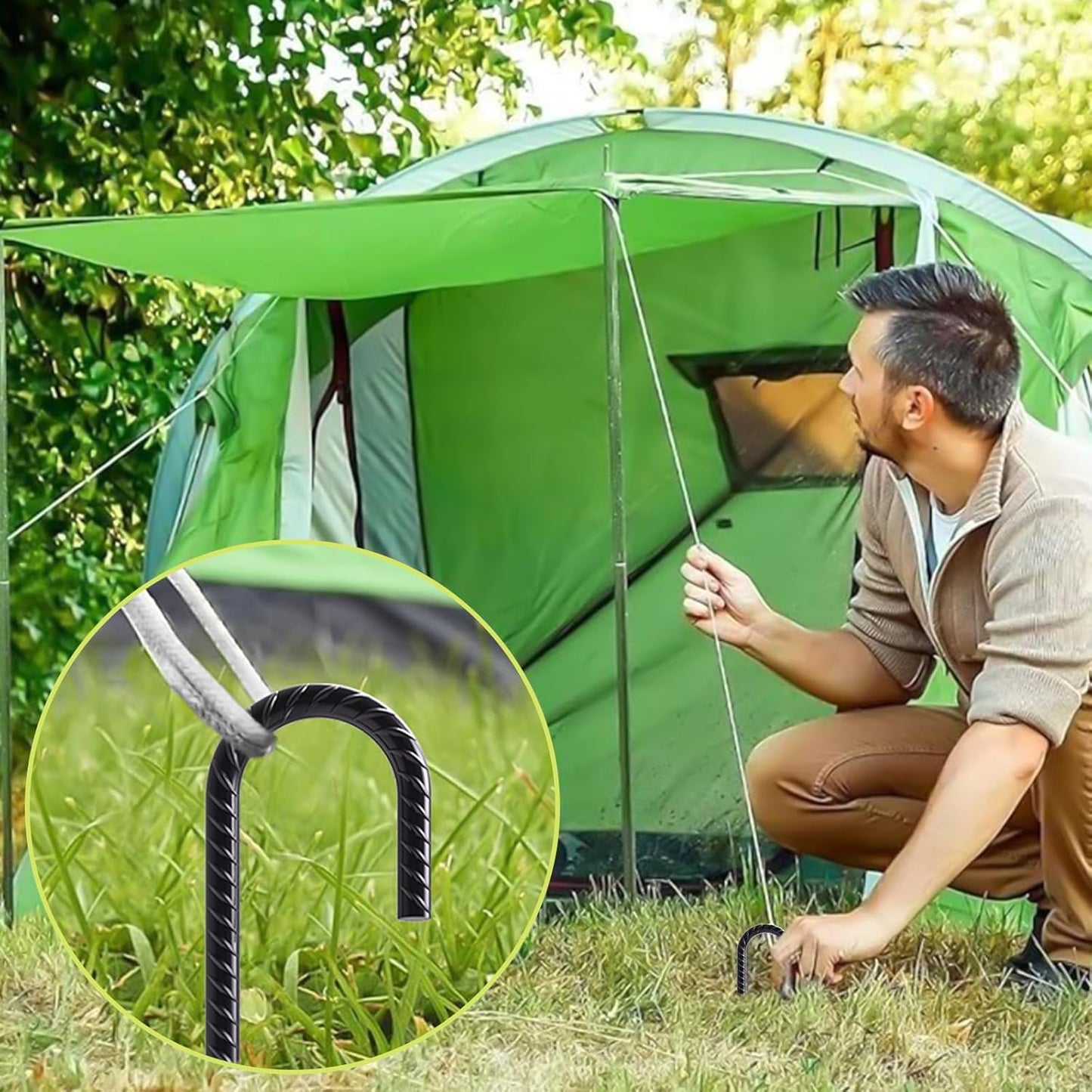 AAGUT 16 Inch 8 Pack Rebar Stakes 3/8" Heavy Duty J Hook Chain Link Fence Stakes with Chisel Point End Steel Ground Anchors for Tent and Outdoor Decorations, Black Coated