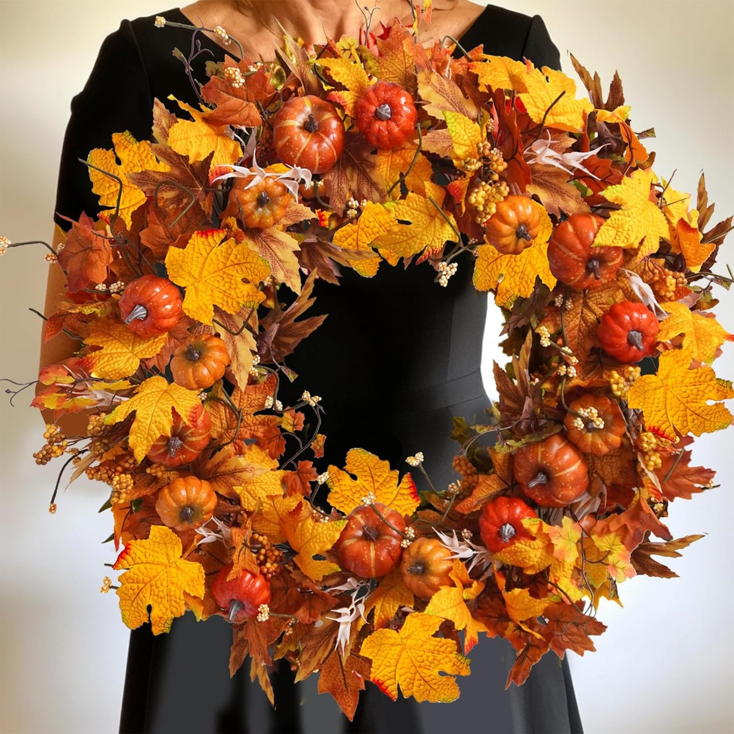 Uieke 28 Inch Fall Wreath for Front Door Outside Large Artificial Autumn Wreath with Orange Red Pumpkins Maple Leaves Berries Fall Decoration for Home Farmhouse Door Wreath for Harvest Thanksgiving