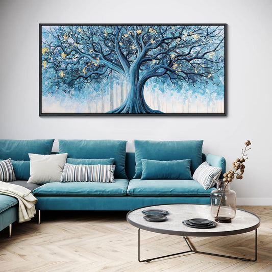 Navy Blue Canvas Wall Art - Blue and Gold Nature Wall Decor, Tree of Life for Bedroom Wall Art, Large Pictures for Living Room, Office, or Bedroom, Framed Landscape Artwork 24×48IN