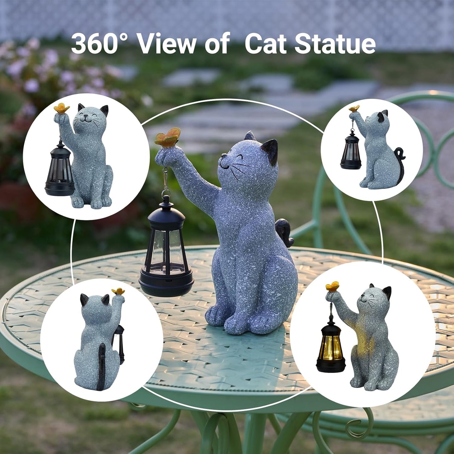 Solar Cat Garden Statue Outdoor Decor, Cat Sculpture with Lantern and Butterfly for Yard Lawn Patio Balcony, Birthday Housewarming Gifts for Mom, Grandma, Women, 9.4 inch, Resin