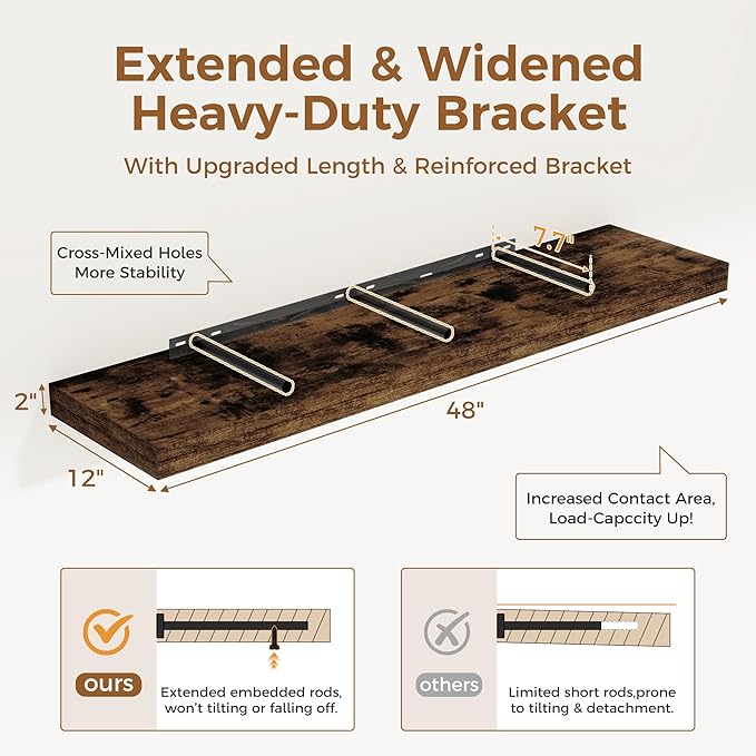 Floating Shelves 48 Inch Long, 12 Inch Deep Floating Shelves for Wall, 48 x 12 Large Wall Shelves for Home Storage & Display, 2" Thicked Floating Shelf for Bedroom, Living Room, Rustic Brown, 1 Pack