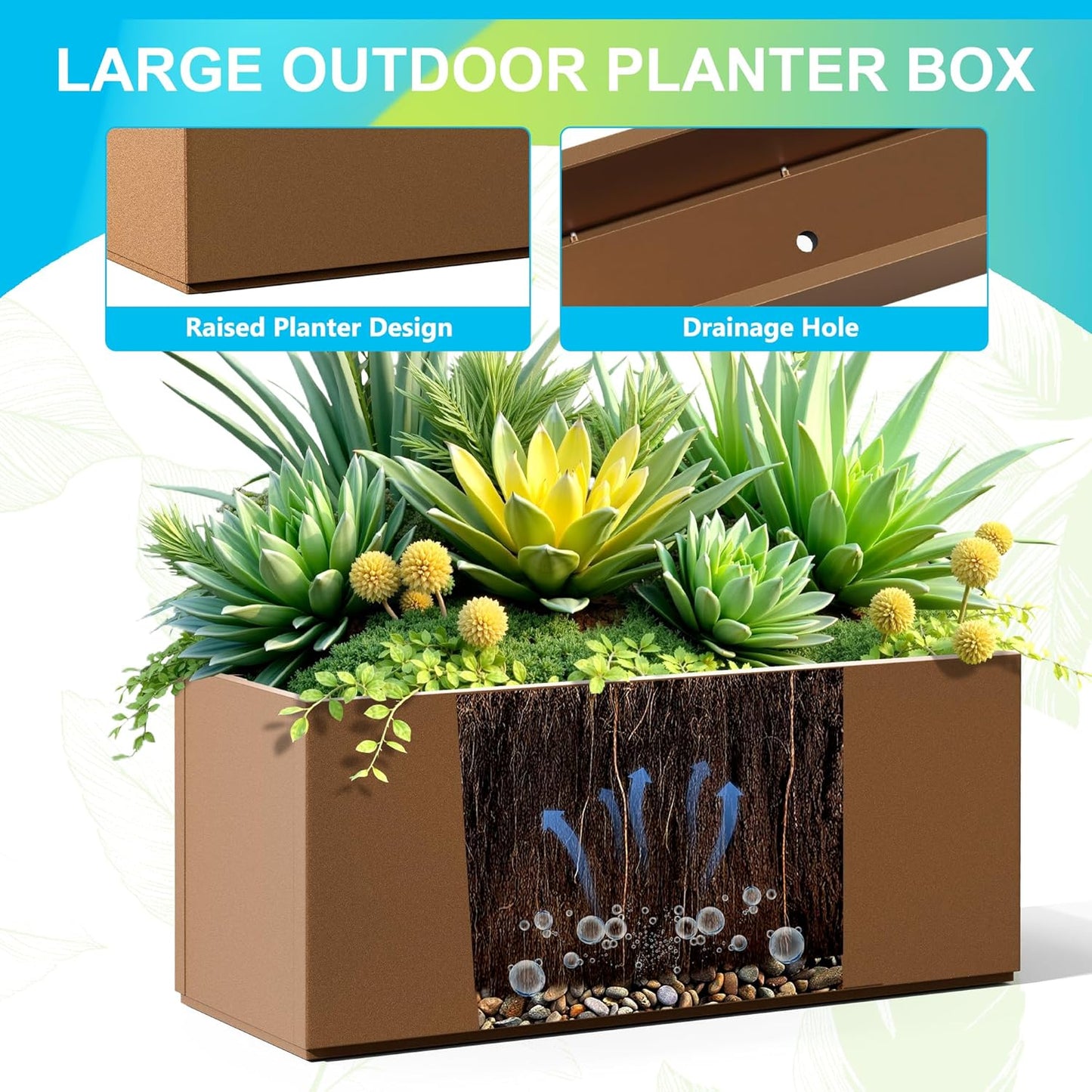 FENCY Large Metal Planter, Large Rectangular Planters for Outdoor Plants, Tall Outdoor Planters for Porch Patio, 38" L x 15" W x 16.3" H Brown Metal Planter with Drainage Hole
