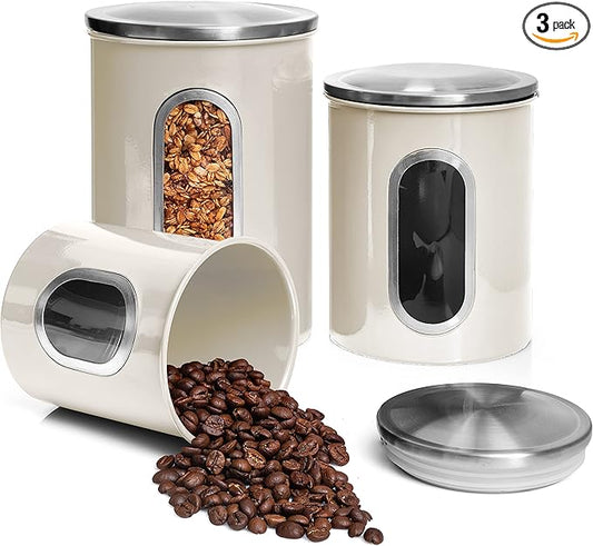 Moss & Stone 3-Piece Beige Canisters Sets For The Kitchen, Airtight Canister Set With See Through Window, Storage Jars for Coffee Container, Tea Organizer & Sugar Canister, Beige Kitchen Canisters