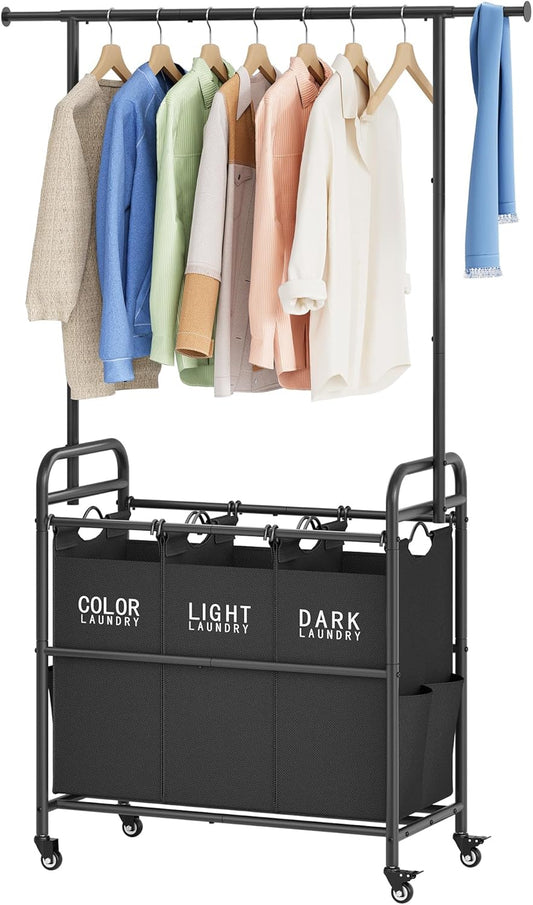 Tajsoon Laundry Sorter Cart with Hanging Rack, Laundry Sorter 3 Section, Laundry Hamper with Heavy Duty Rolling Lockable Wheels, Black