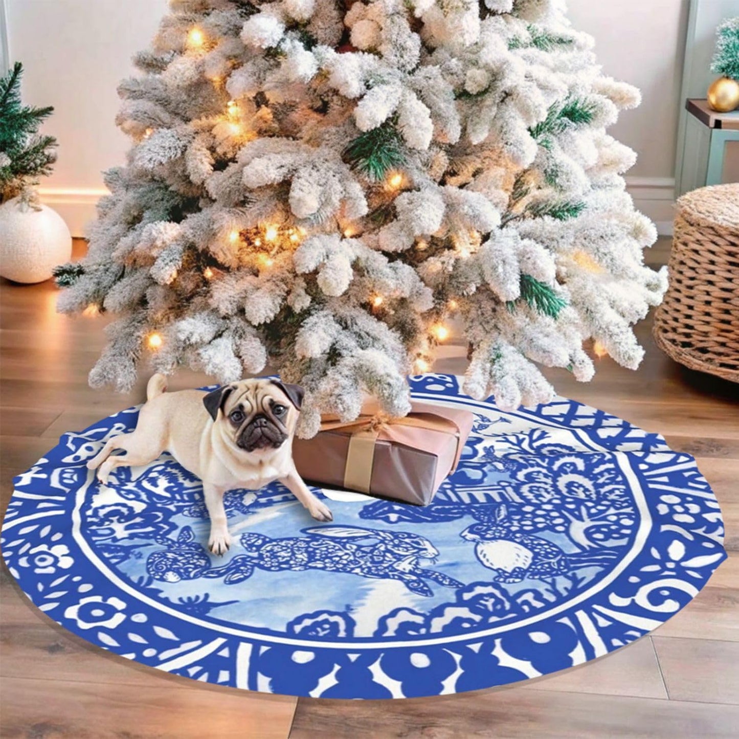 48" Large Christmas Tree Skirt Blue Oriental Rabbit Whimsical Pattern Tree Mat Base Cover for Xmas Festive Holiday Party Decoration Ornaments