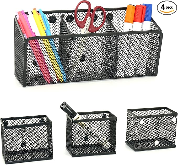 Neudeco Magnetic Pencil Holder, Locker Shelf Organizer, Metal Storage Basket for Whiteboard, Refrigerator, Ideal Cabinet for School, Black (Pack 4)