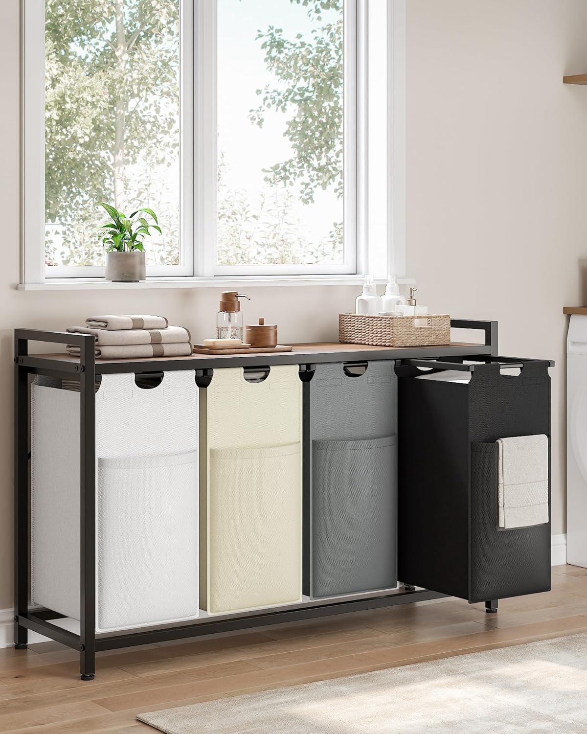 Lulive Laundry Hamper with Shelf, Laundry Basket 4 Section, Laundry Sorter Organizer with Pull-Out Removable Large 4 Color Bags & Large Top Shelf for Laundry Room, Bathroom and Dorm, 4 x 18 Gal (272L)