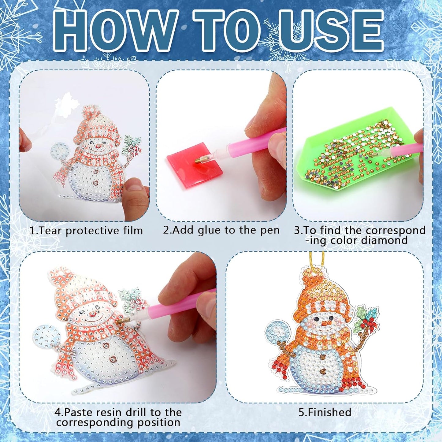 Skylety 20 Pcs Christmas Diamond Art Ornaments Kit Cute Snowman Diamond Painting Ornaments Tag DIY Xmas Rhinestone Art Keychain Crystal Handcraft Gift Wrap Tags with Rope Home Party Decor(Colorful)