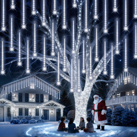 PEMOTech Christmas Lights Outdoor,16 Tubes 16 Inch 576 LED Meteor Shower Lights, Waterproof Christmas Decorations Icicle Light for Xmas Tree Halloween Party, Ul Plug,Cool White