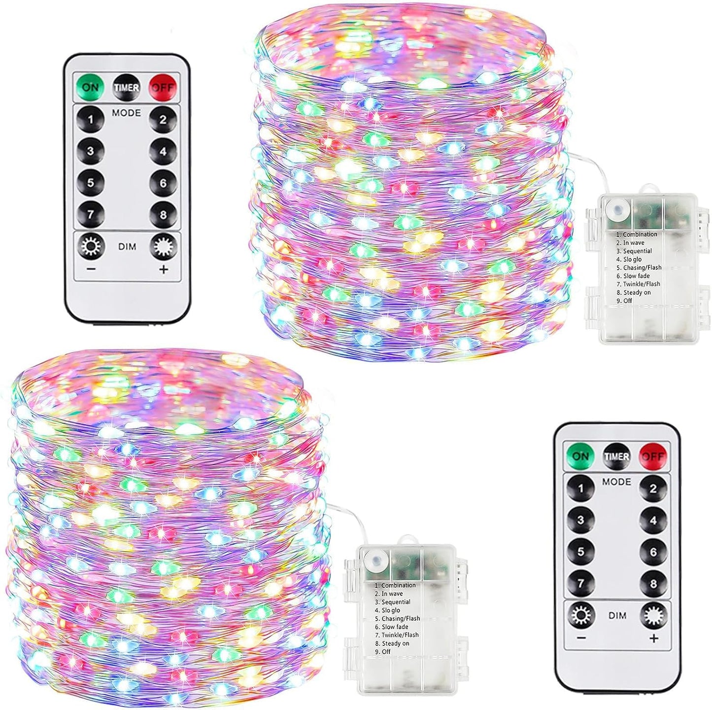 2 Pack 100LED Battery Operated Fairy Lights with Remote, 8 Modes LED String Lights with Timer, Dimmable, Memory Function, Waterproof Twinkle Lights for Outdoor Indoor Christmas Decor(Multicolor)