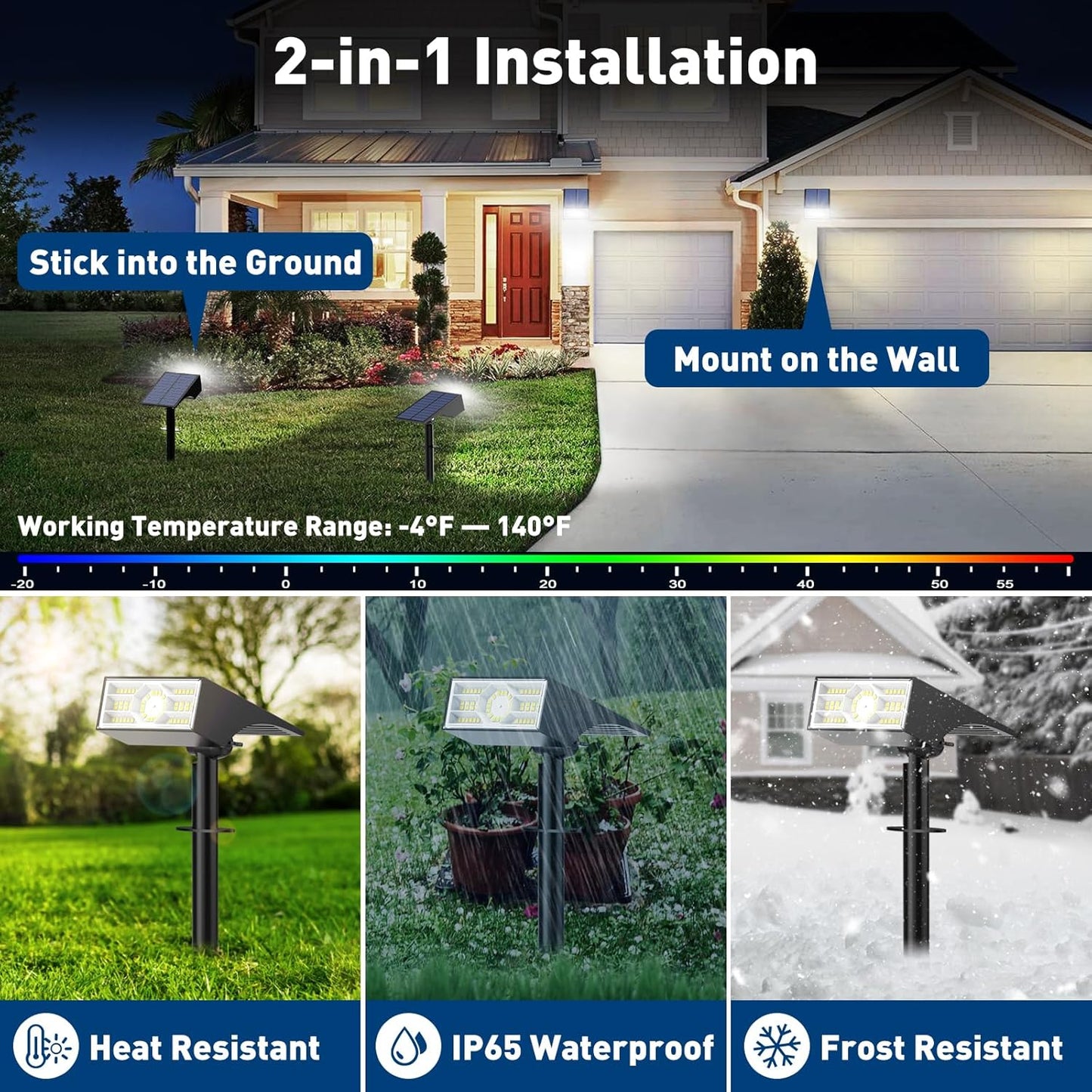 Solar Spot Lights Outdoor, 2 Pack Outdoor Solar Lights for Yard Waterproof, 4 Lighting Modes Solar Landscape Spotlights, Auto On/Off Solar Powered Flood Lights Garden Pathway (Cool White)