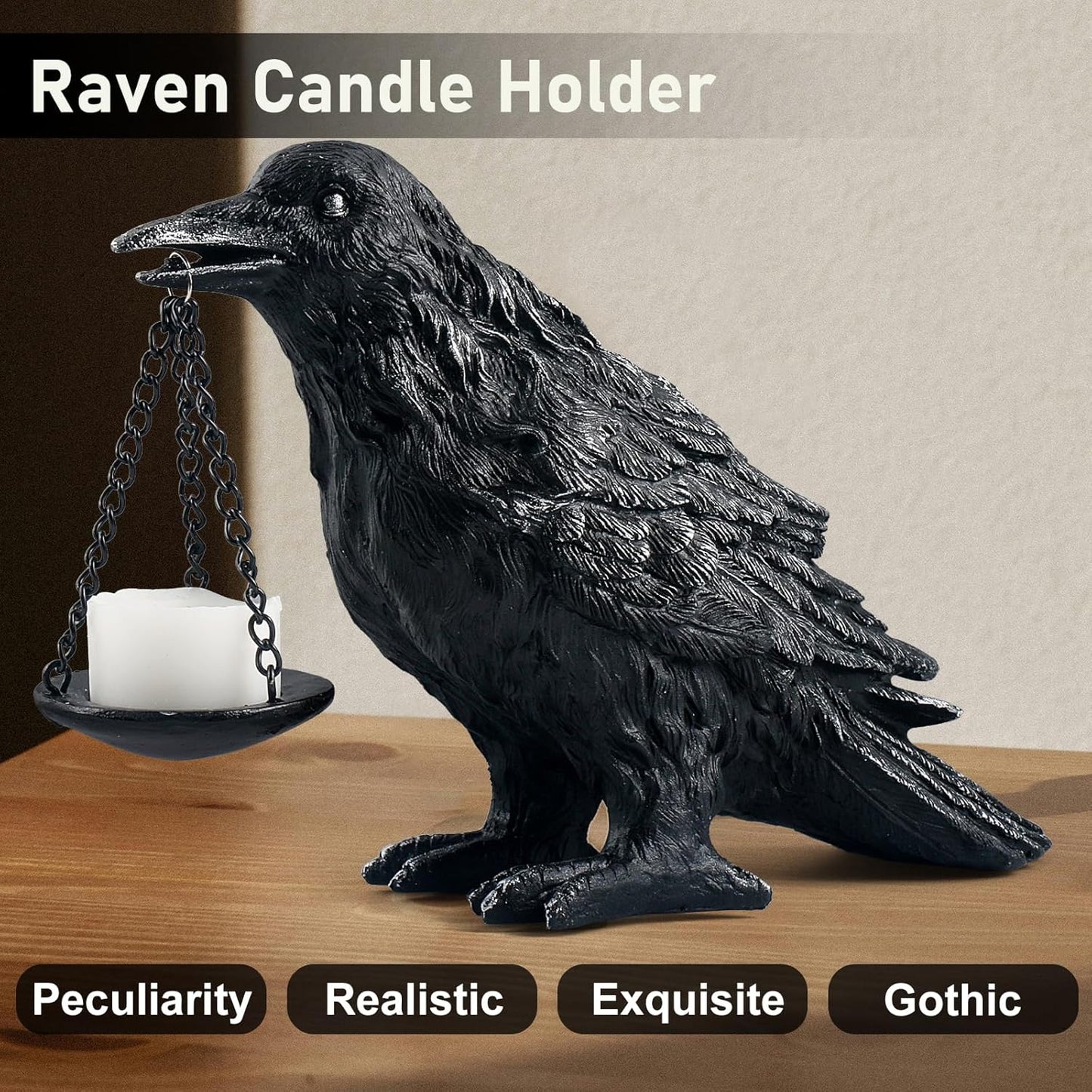 Raven Gothic Home Decor Fake Crow Light Holder Raven Lamp Tealight Candle Holder Resin Raven Statue Wearing Silver 2PCS