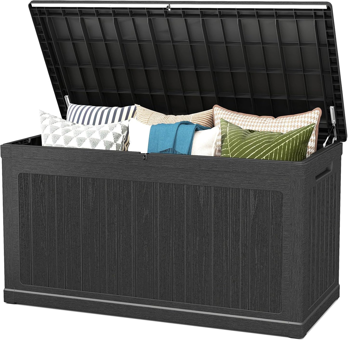 230 Gallon Deck Box Outdoor Waterproof, Large Storage Box Lockable, Black Deck Storage Bench, 440 lbs Load Capacity Outdoor Storage Bin for Garden, Patio, Pool, Boat