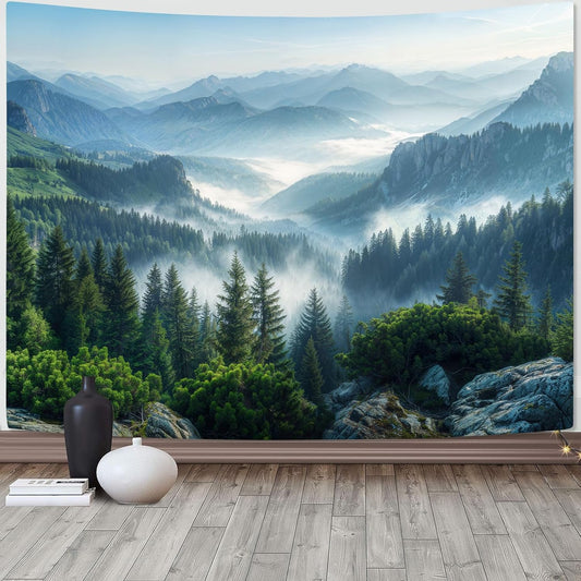 AMM Nature Forest Mountain Tapestry Green Misty Pine Tree Tapestry for Bedroom Aesthetic Foggy Woodlands Sky Landscape Tapestries Wall Hanging for Living Room Dorm 80 x 60 Inch
