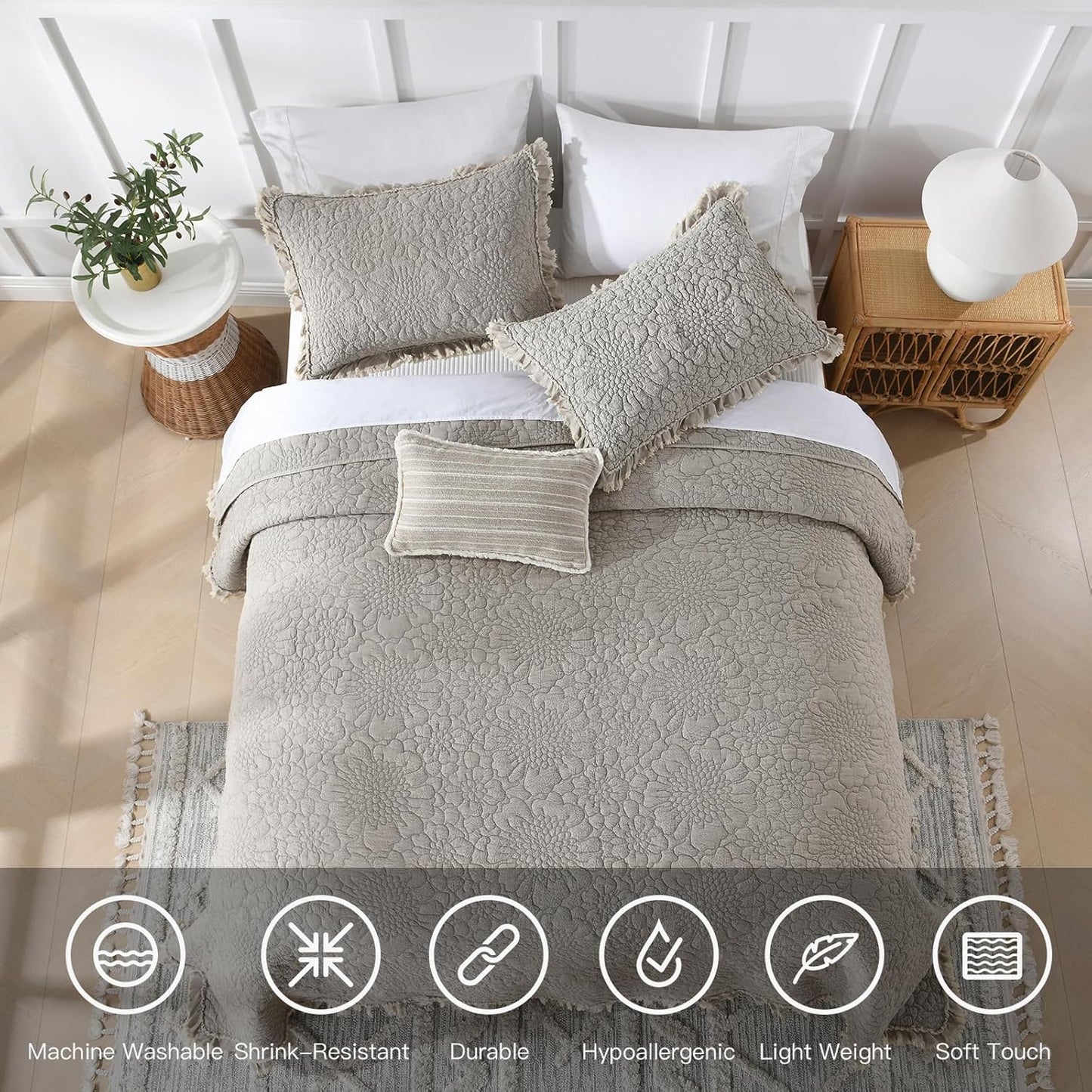 HORIMOTE HOME Beige Ruffled Quilt King Size, Stone-Washed Microfiber Lightweight Crinkled Farmhouse Rustic Shabby Chic Bedding Set, 3 Pieces Reversible Bedspread with Pillow Shams for All Season